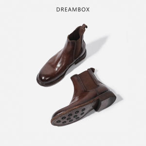 dreambox冬季女靴英伦复古胎牛皮切尔西靴真皮底手工固特异马丁靴