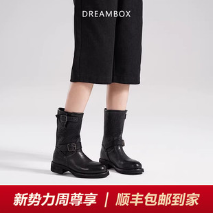 dreambox钧博vibram水洗马皮粗跟女士骑士靴英伦高筒靴百搭女靴