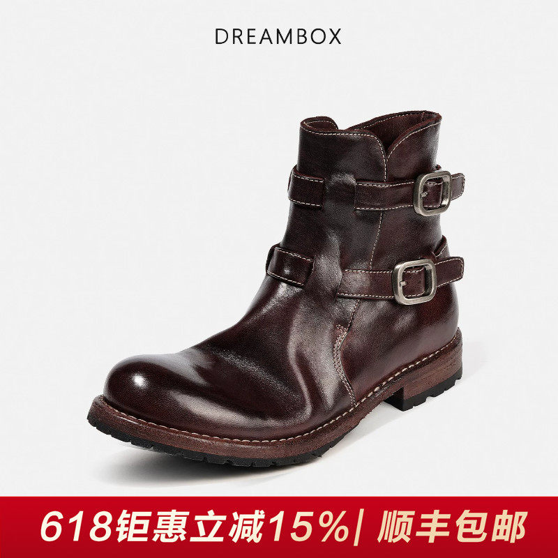 DREAMBOX钧博vibram水洗马皮皮带扣切尔西靴英伦复古粗跟骑士靴