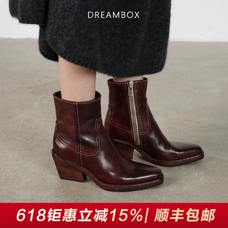 DREAMBOX钧博粗跟气质女靴水洗马皮尖头切尔西靴厚底增高洋气靴子
