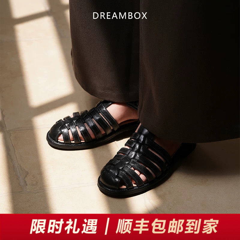 DREAMBOX钧博重水洗马皮罗马凉鞋手工编织镂空平底夏季包头沙滩鞋
