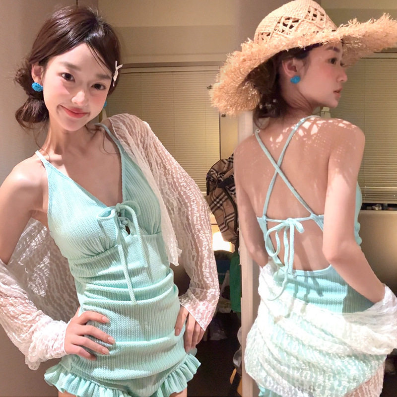 泳衣女款连体两件套长袖蕾丝外衫显瘦遮肉甜美泡温泉泳衣