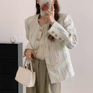 [本初]气质粗花呢小香风外套女早秋新款彩色条纹短款上衣时尚气质