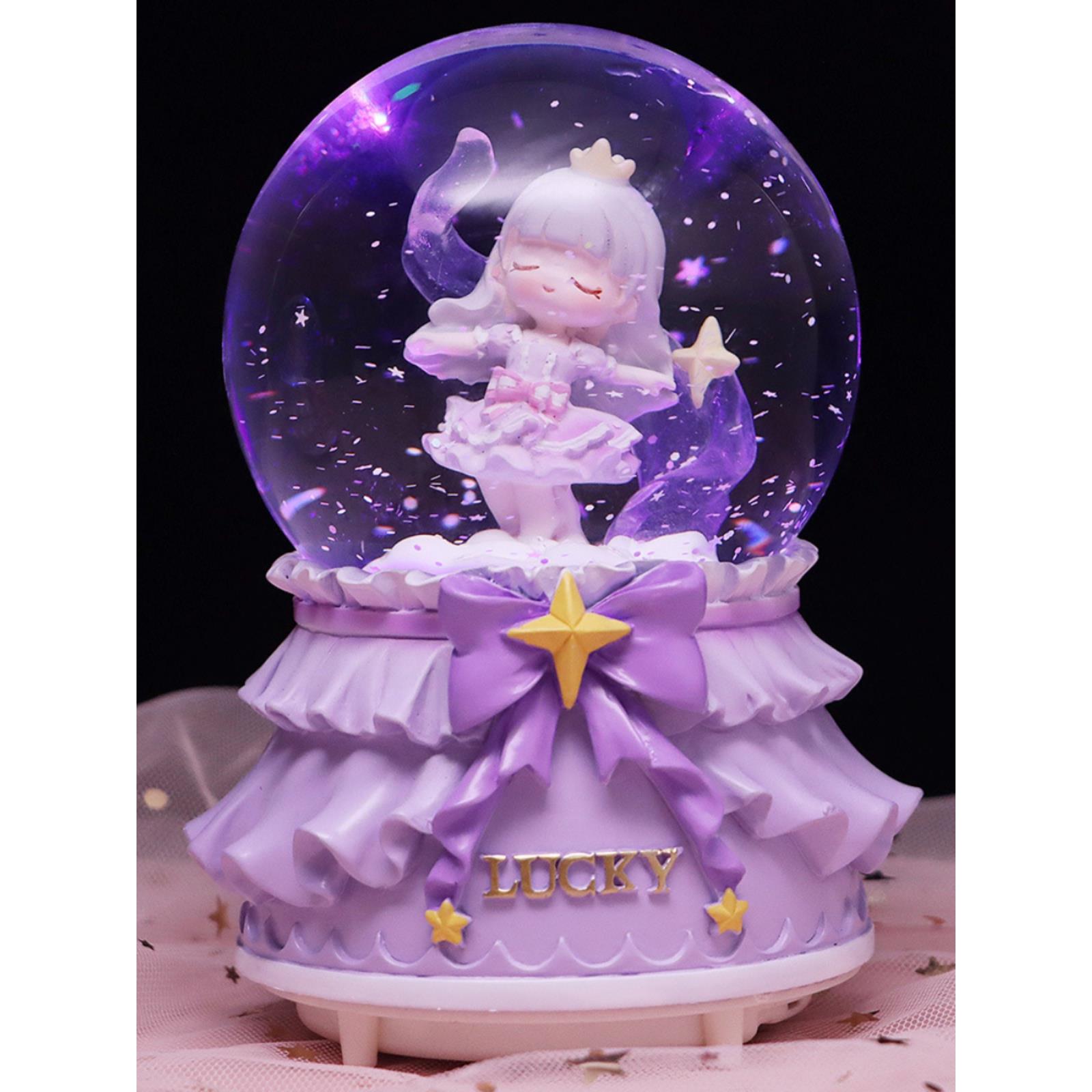 水晶球女孩公主风摩卡少女自动飘雪音乐盒发光八音盒生日圣诞礼物