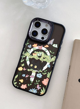 适用于iPhone16e新款14pro磁吸保护套15plus防摔磨砂黑白色手机壳12max个性卡通magsafe13涂鸦花朵猫咪17air