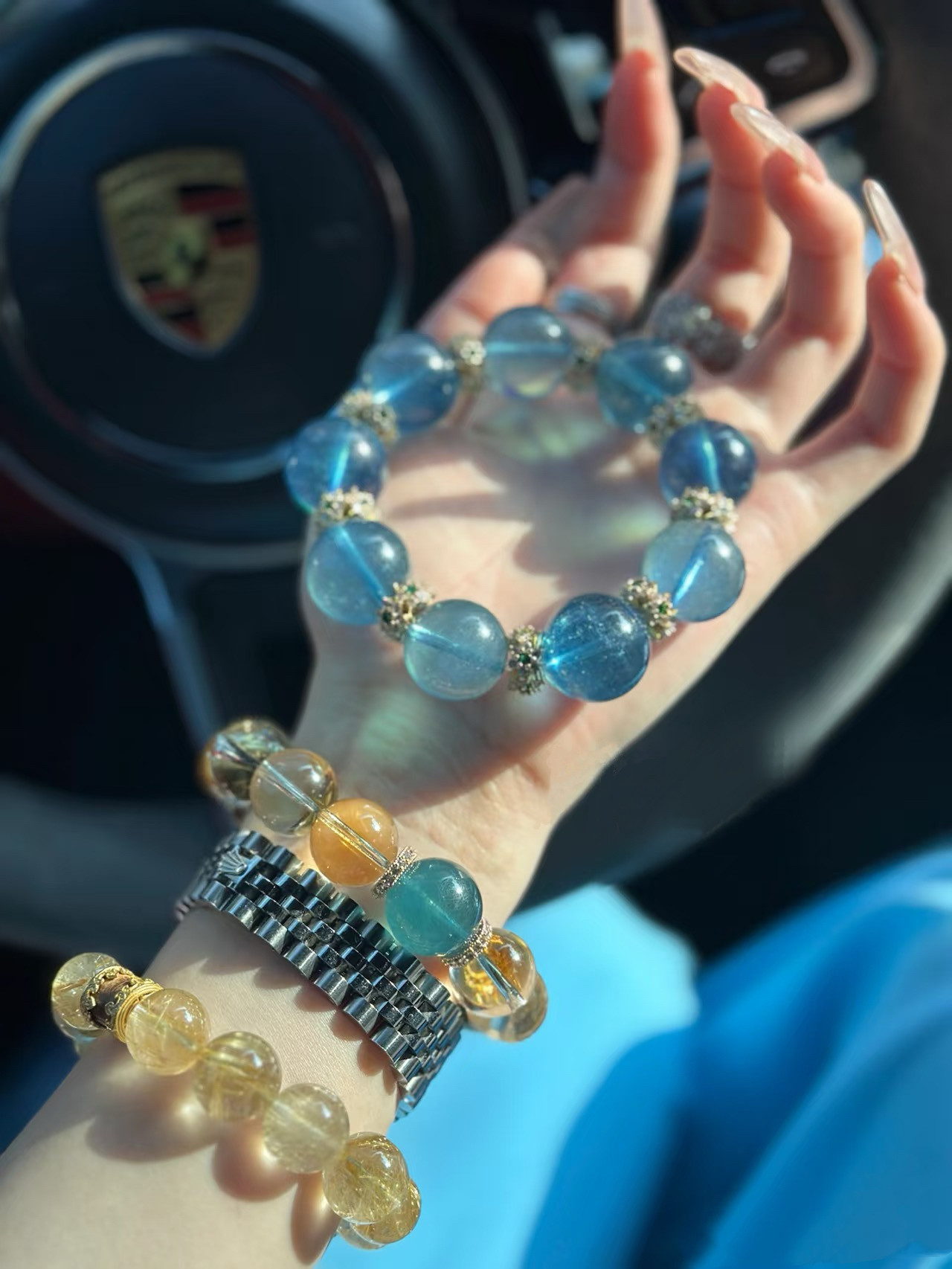天然海蓝宝手链女款单圈水晶手串招财转运蓝水晶手串生日礼物送礼
