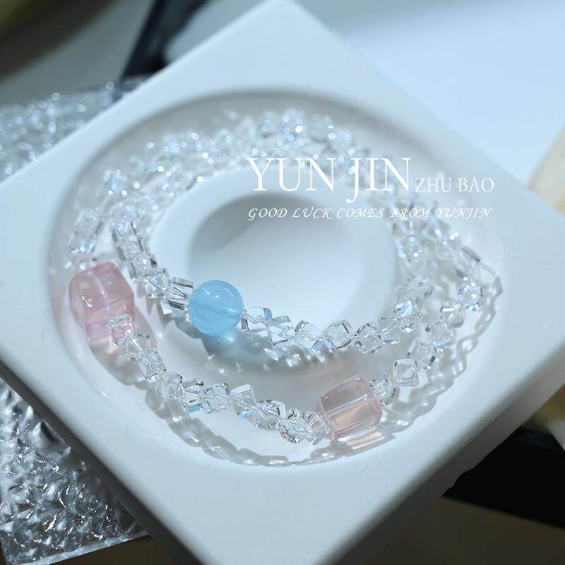 天然白水晶碎钻多圈手链海蓝宝粉晶方糖原创手串桃花闺蜜礼物女友