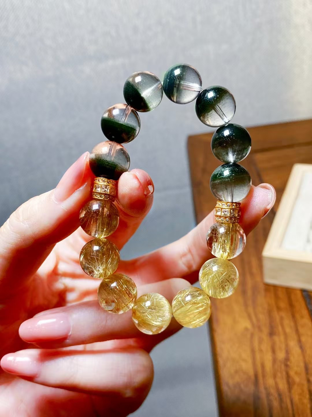 风生水起天然水晶聚宝盆绿幽灵手链钛晶手串招财单圈手串生日礼物