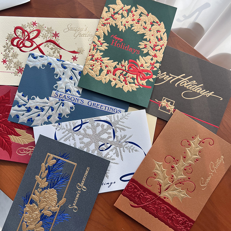 高档商务对折圣诞贺卡送老外圣诞祝福卡手写烫金新年大贺卡带信封