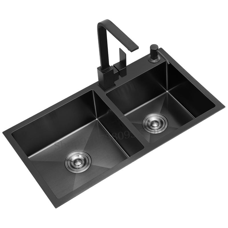 Black Nano Kitchen Double Trough Sink 304 Stainless Steel I