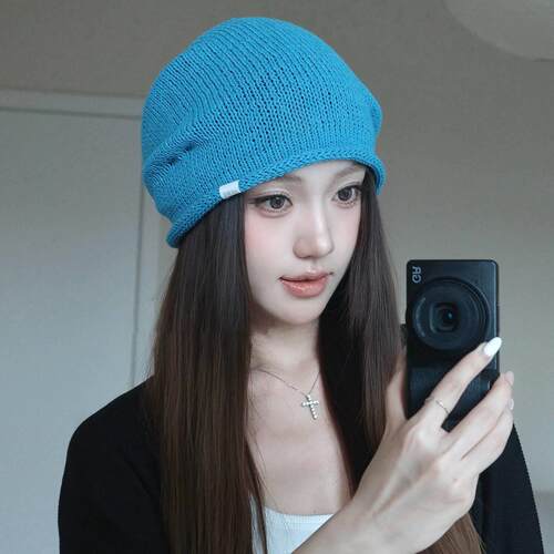 懒惰风针织堆堆帽秋季帽子女款2026新款百搭显脸小蓝色包头帽冷帽