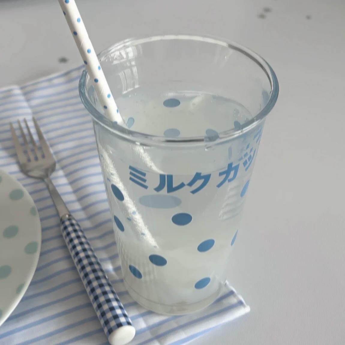 日系ins蓝色波点玻璃杯高颜值大容量家用办公室喝水饮料咖啡杯子