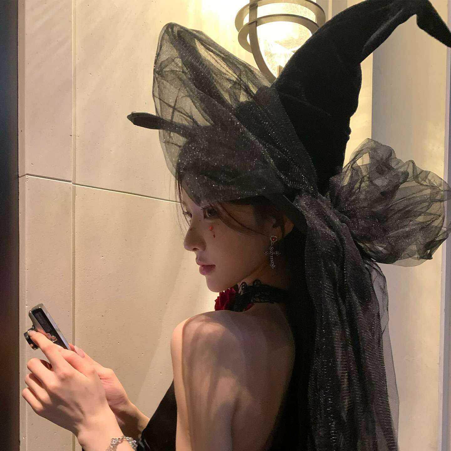 漂亮女巫 万圣节主角蝴蝶结飘带女巫帽氛围感头饰cos装饰魔法帽子