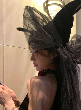 漂亮女巫 万圣节主角蝴蝶结飘带女巫帽氛围感头饰cos装饰魔法帽子