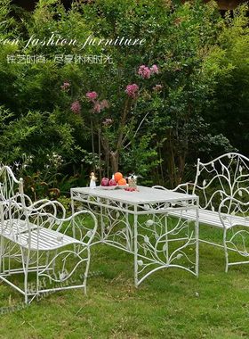 创意欧式铁艺长方形桌单双人椅子大户庭院花园室户外白色家具高档