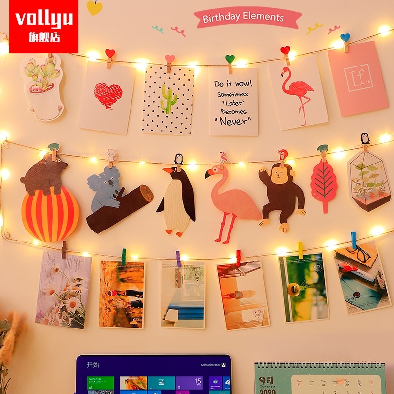 照片夹子彩色麻绳挂绳挂墙照片墙夹绳装饰摆件diy手工网相片明信片相册小木夹子绳子悬挂木头立式幼儿园创意