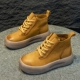 商场撤柜清仓头层牛皮秋冬百搭保暖短靴女款 复古风厚底系带大黄靴