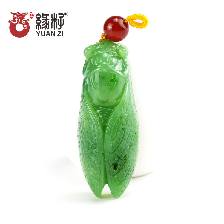 缘籽新疆天然和田玉碧玉苹果绿玉蝉手把件一鸣惊人颈饰山料和田玉