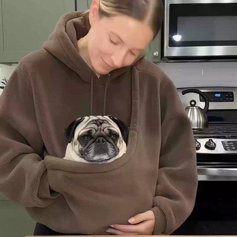 带猫咪狗狗出门神器!袋鼠大口袋连帽卫衣宽松套头宠物兜纯色上衣