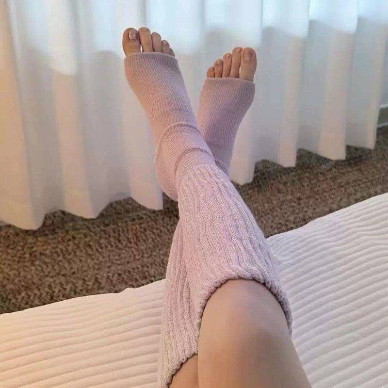 秋冬睡眠露脚趾袜套女竖纹拼接保暖锁温透气长筒堆堆袜居家月子袜
