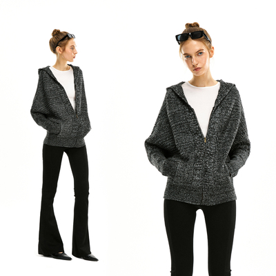 KVKV复古毛织混纺毛衣拉链连帽开衫 灰色慵懒松弛高级感春秋外套