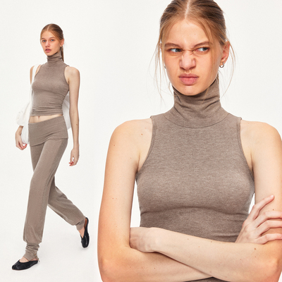 KVKV 羊毛肤感燕麦小麦色高级感小高领挖肩运动瑜伽背心吊带