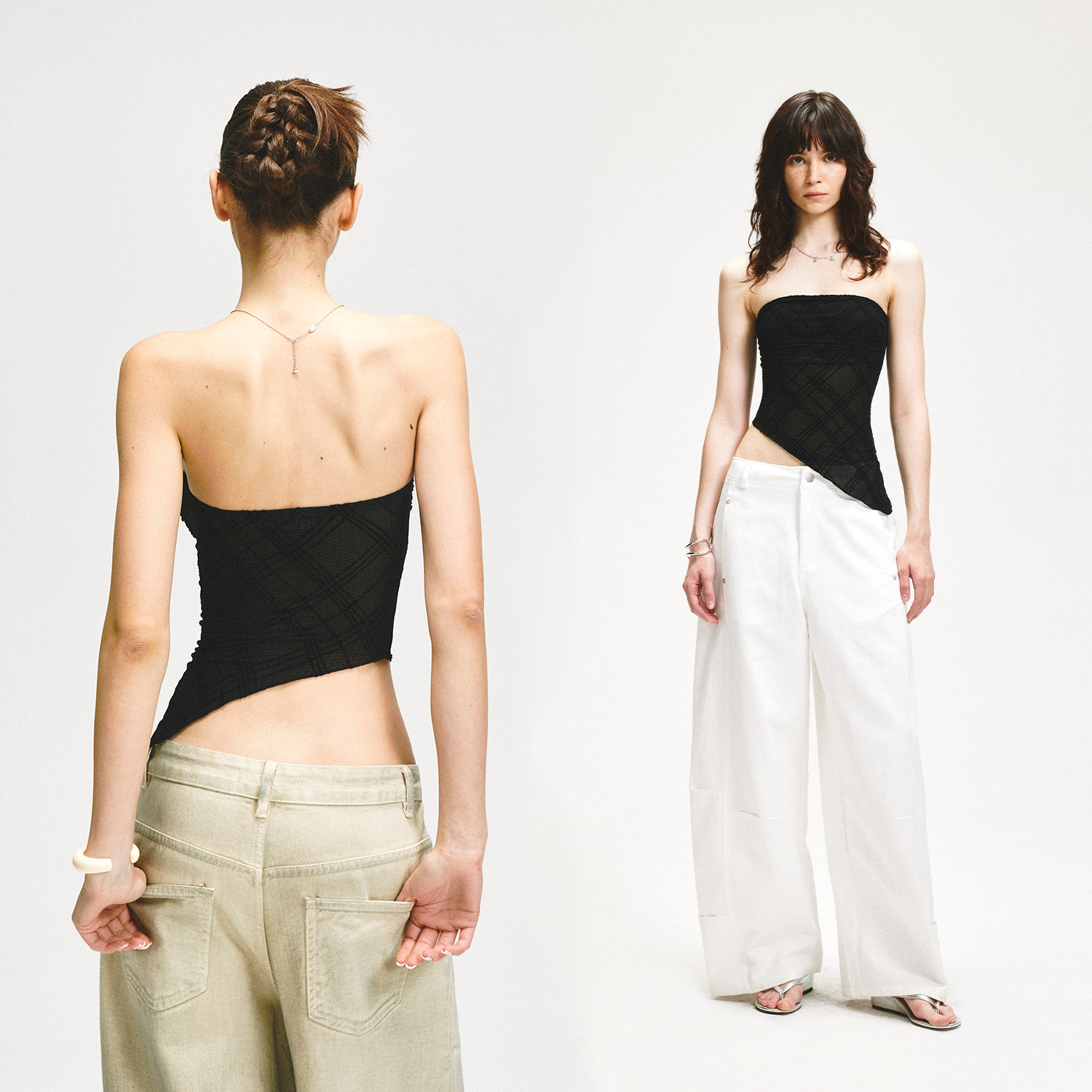 KVKV黑色菱形格纹褶皱斜下摆抹胸