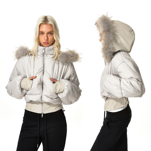 KVKV 椰白真毛领收腰廓形棉服外套 秋冬季短款夹棉派克洋气小棉衣