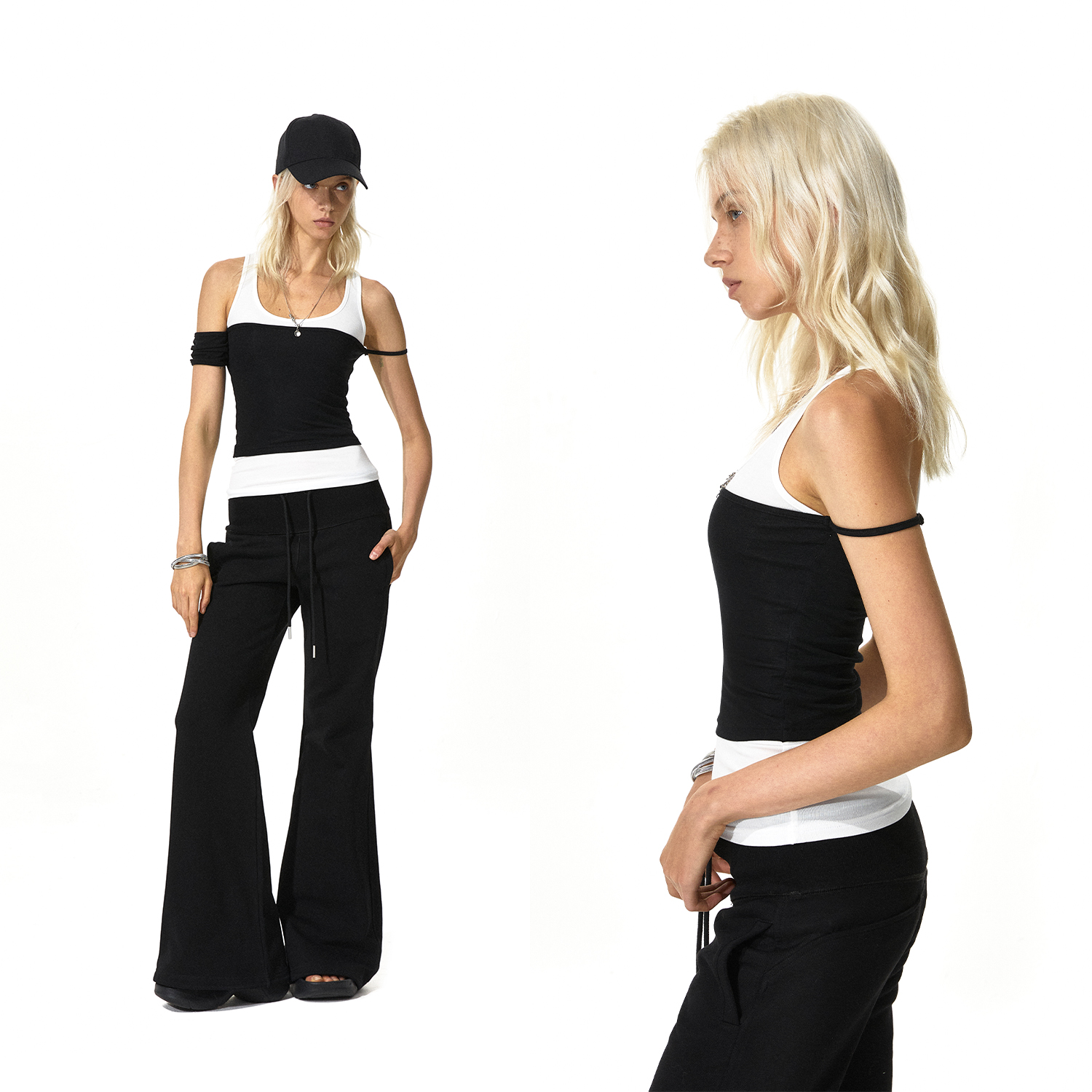 KVKV 黑白不规则袖子假两件背心