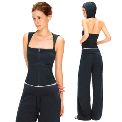 KVKV 藏蓝色连帽拉链收腰螺纹插袋拉链运动露背卫衣