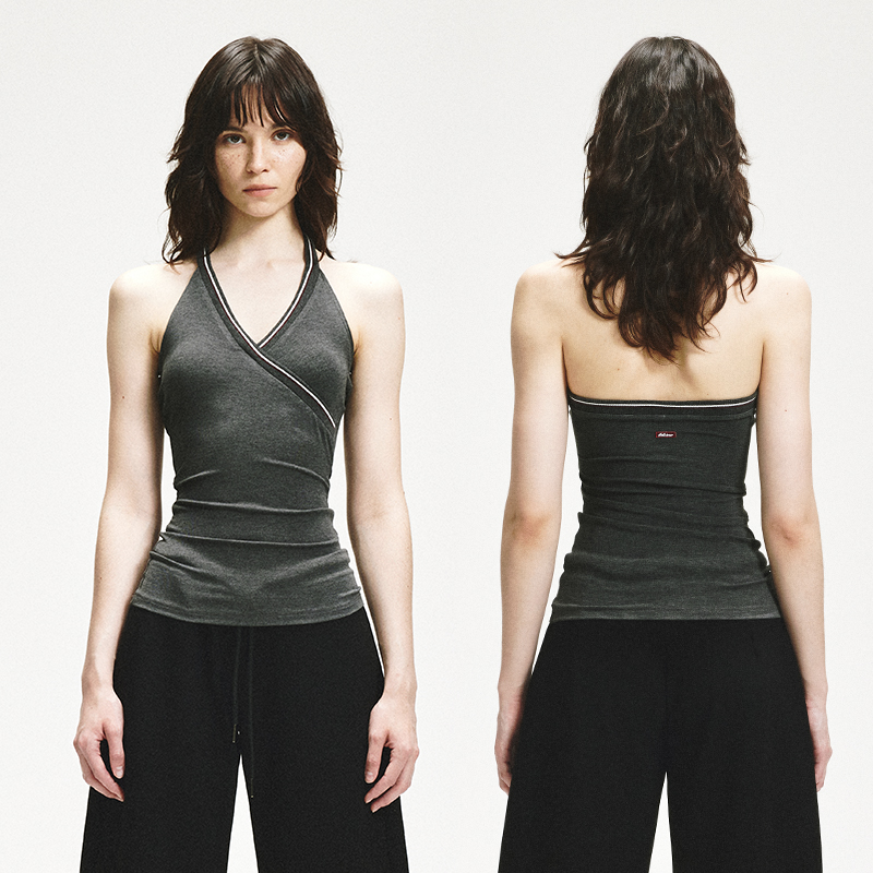 KVKV领拼接螺纹挂脖背心 露背性感辣妹内搭外穿修身高级吊带上衣