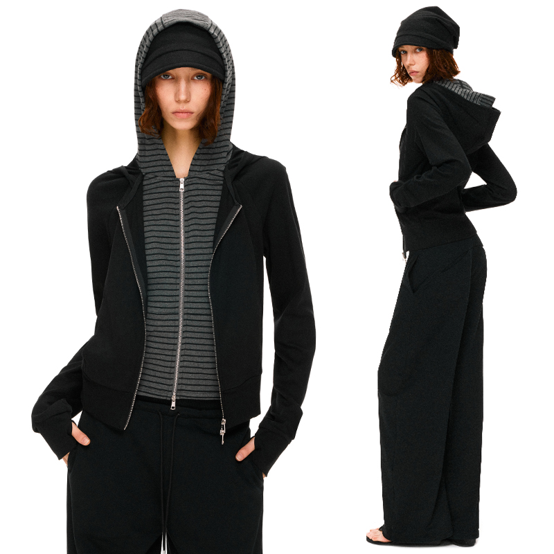 KVKV 黑色条纹假两件连帽撞色运动长袖帽衫卫衣外套