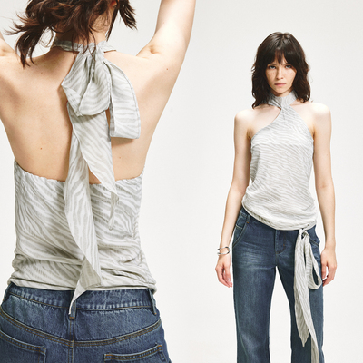 KVKV 挂脖无袖飘带可调节腰带背心 性感小众高级设计感吊带上衣女