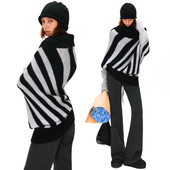 KVKV 羊毛马海毛复古蝙蝠袖 两穿斜肩浅灰条纹毛衣