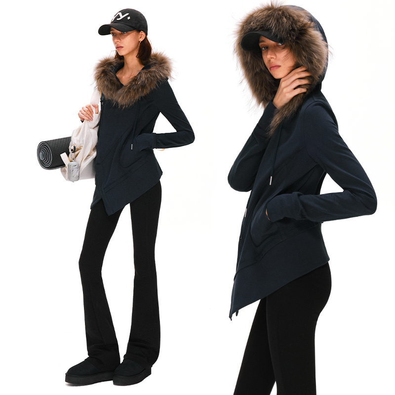 KVKV 藏蓝复古可拆卸毛领多穿交叉领口抽绳连帽卫衣外套