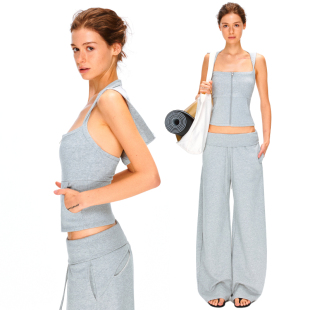 KVKV 浅灰色连帽拉链收腰螺纹插袋拉链运动露背卫衣