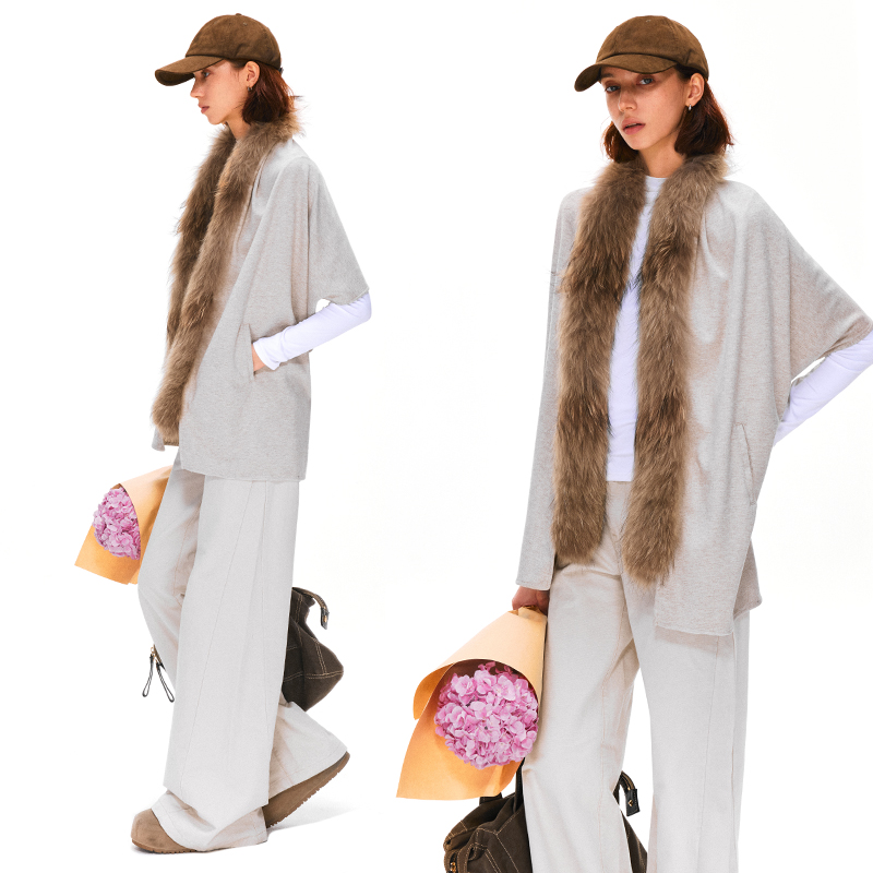 KVKV复古可拆卸毛领多穿法围巾披肩外套