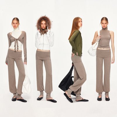 KVKV羊毛肤感燕麦色可拆卸袜套束脚翻腰运动瑜伽裤卫裤