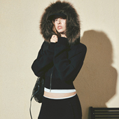 运动休闲外套收腰帽衫 KVKV 真貉毛领可拆卸黑色空气棉插肩袖