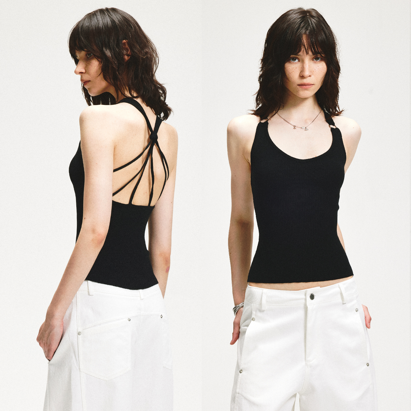 KVKV毛织镂空拉线设计背心夏季性感内搭外穿黑色美背无袖挂脖吊带