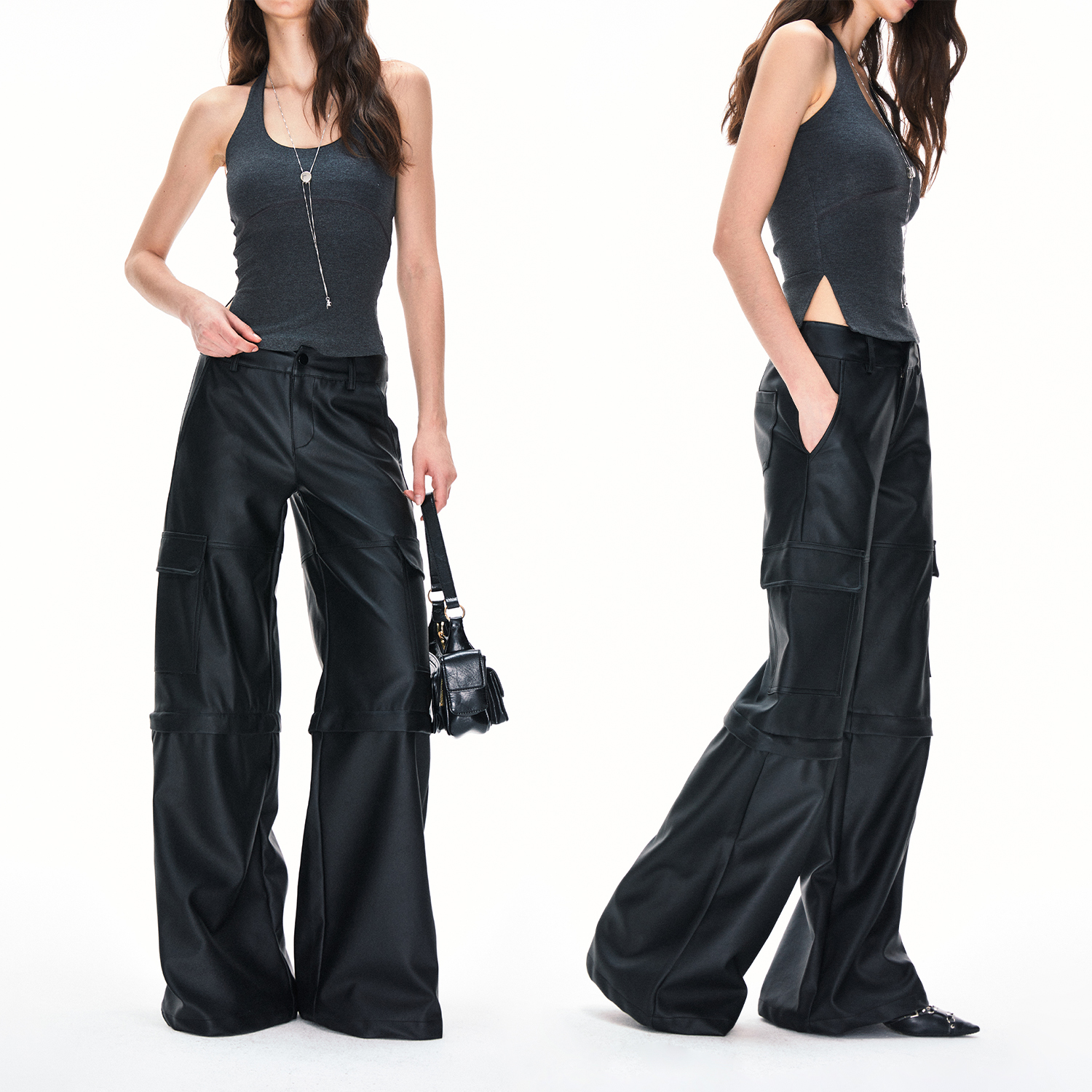 KVKV可拆卸肤感皮裤 美式复古透气宽松阔腿直筒工装裤中裤长裤女