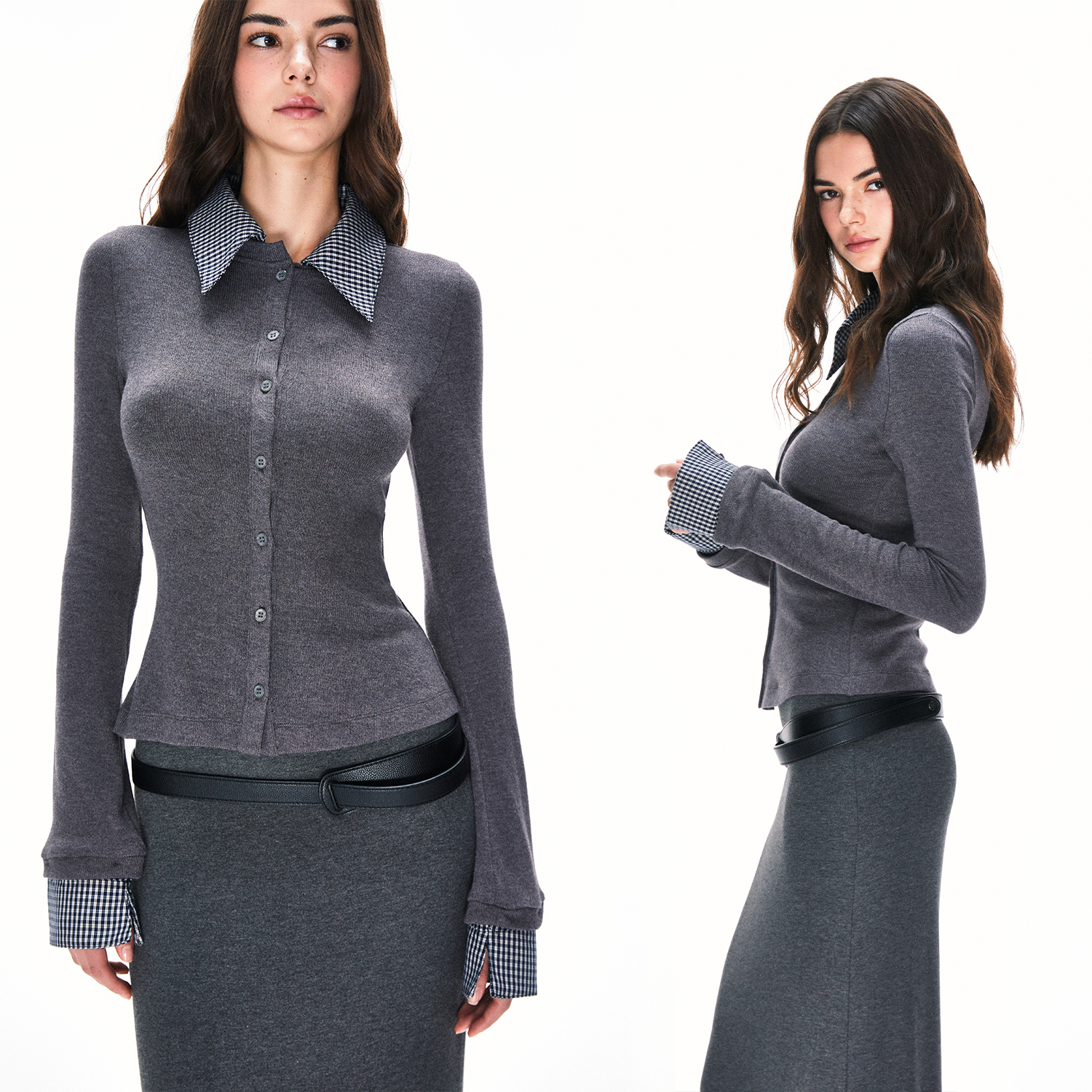 KVKV可拆卸领口袖口针织格纹修身衬衫毛衣长袖开衫