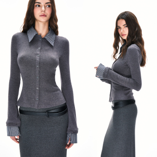 开衫 KVKV可拆卸领口袖 毛衣长袖 衬衫 口针织格纹修身