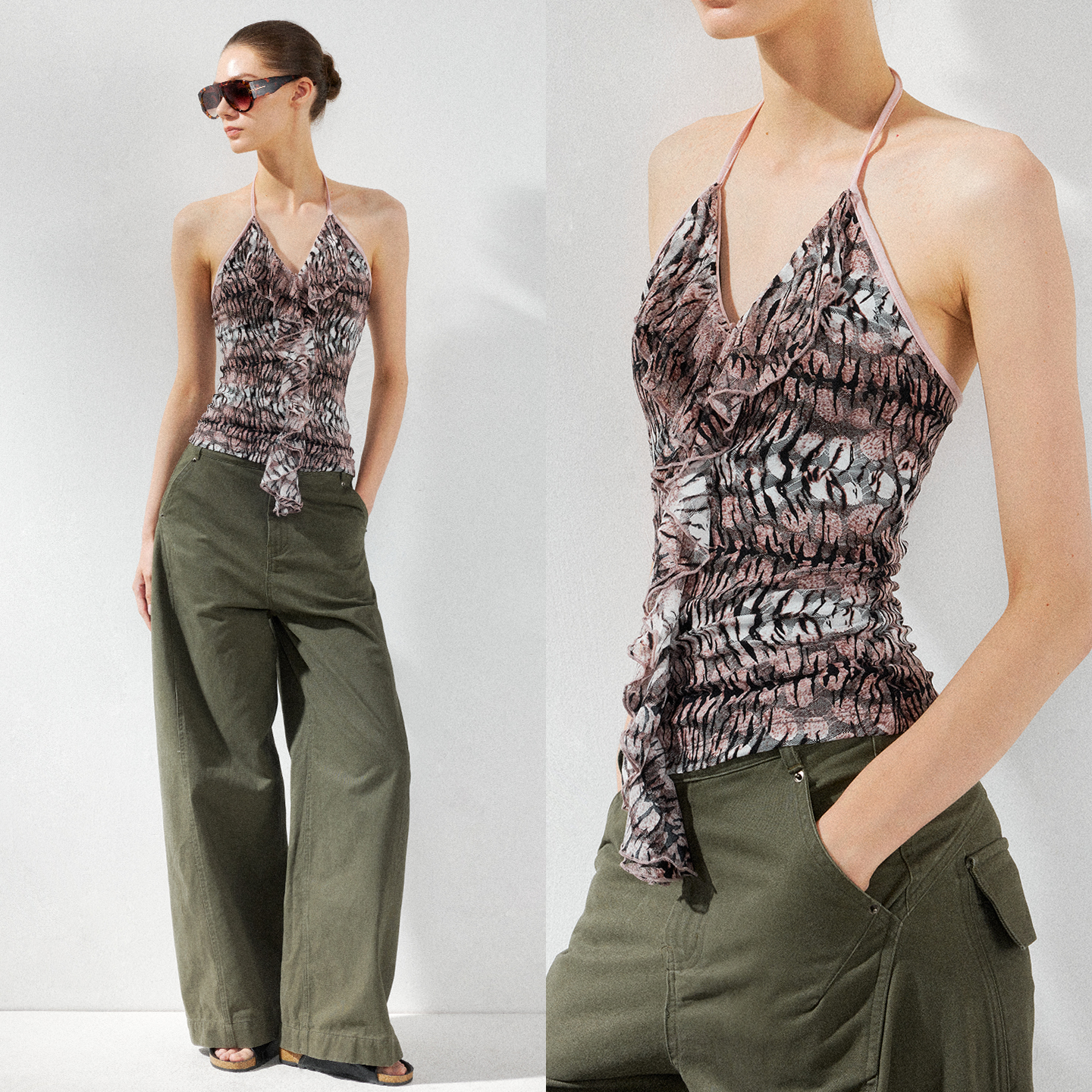 KVKV 豹纹V领荷叶边修身吊带上衣