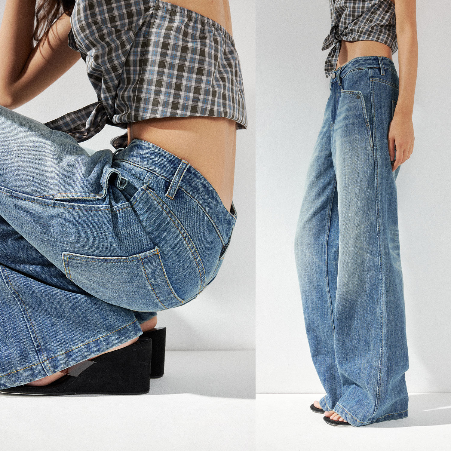 KVKV 低腰猫须洗水纹理感宽松直筒牛仔裤