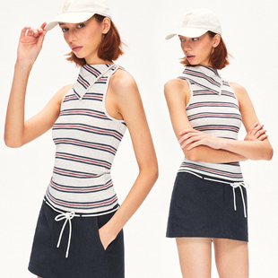 KVKV 背心 亚麻混纺条纹大翻领纽扣无袖