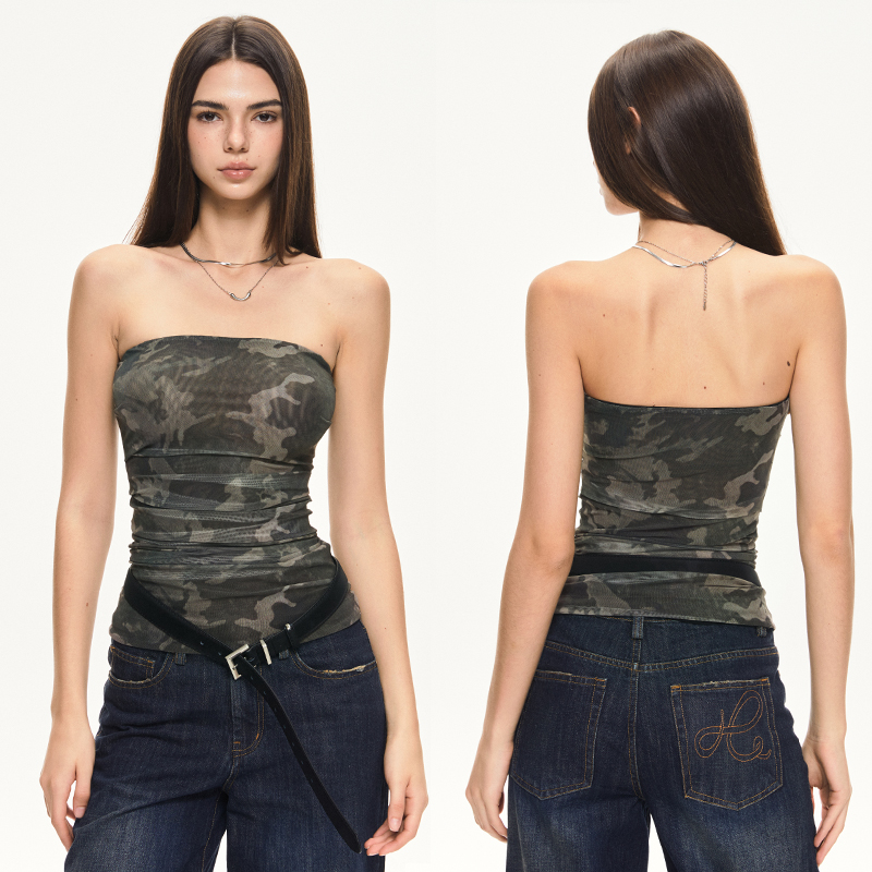 KVKV迷彩网纱抹胸 辣妹性感美式修身显瘦夏季内搭外穿复古上衣