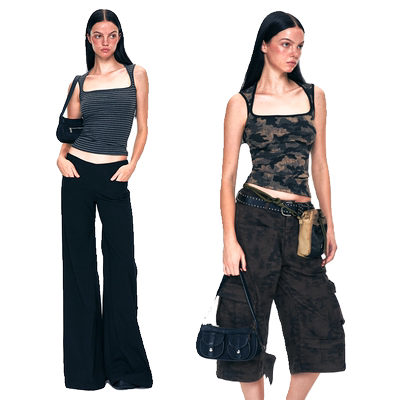 KVKV 迷彩条纹宽肩带背心 复古辣妹性感紧身显瘦方领外穿吊带上衣