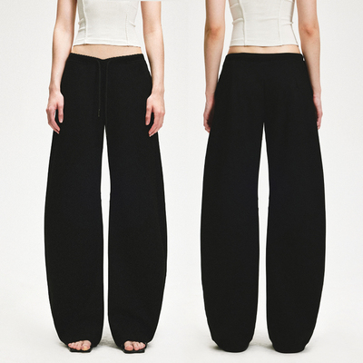 KVKV黑色肤感弧形抽绳宽松休闲香蕉裤