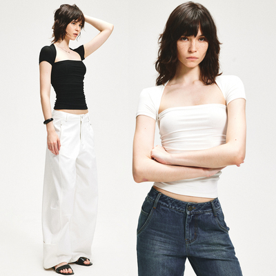 KVKV方领短袖 夏季简约休闲修身性感气质设计高级感夏天短款t恤女